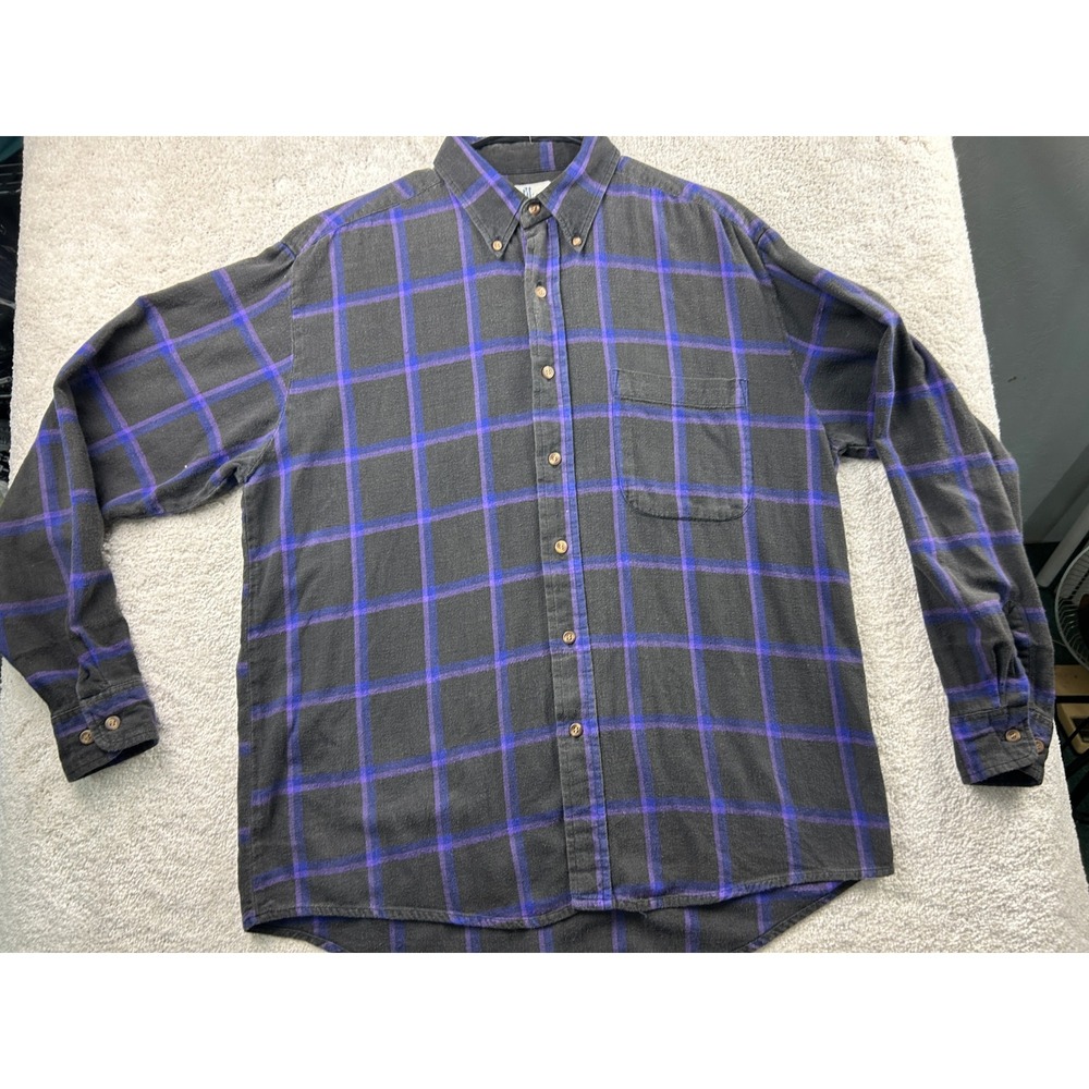 River Trader Windowpane Plaid Flannel Shirt L Black Purple Grunge 90s Indie